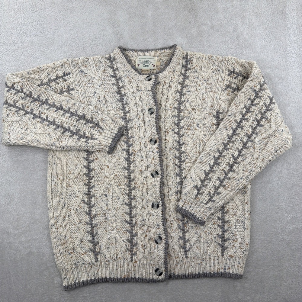 Orvis Women's Wool Cable Knit Button Up Cardigan Fisherman Sweater Large Vintage